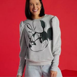 Disney Minnie Mouse Crewneck Puff Shoulders Gray Black Long Sleeves